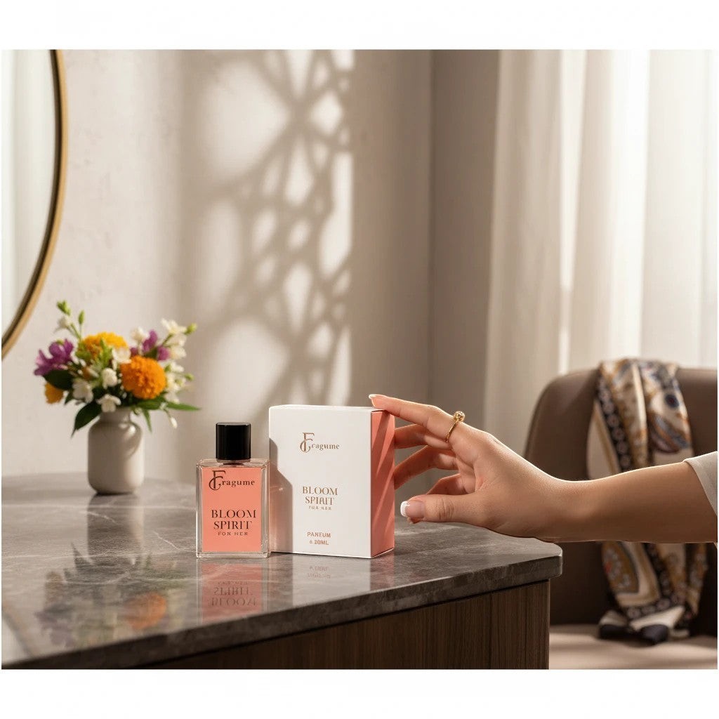 fragume Bloom Spirit Eau De Parfum bottle and box on a marble vanity with a floral bouquet in the background
