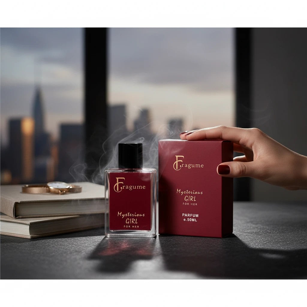 fragume Mysterious Girl Parfum 50ml glass bottle and burgundy box on a desk with a woman's hand and city skyline view