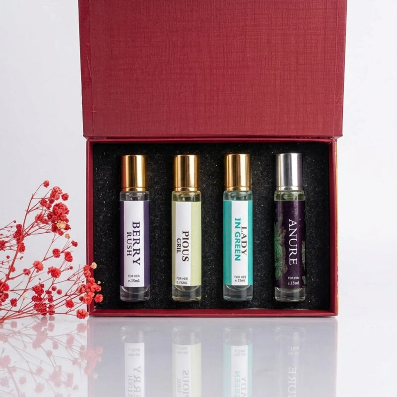 fragume 4 pocket perfume set featuring four travel-sized roll-on fragrance bottles in a red gift box