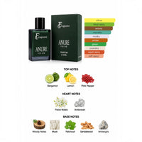 fragume Anure parfum for men in a forest green glass bottle with scent notes of bergamot, lemon, and woody musk