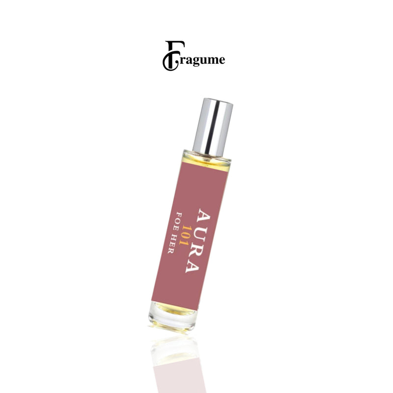 Fragume Aura For Her Eau De Parfum in a sleek glass travel spray bottle with a mauve label and silver cap.