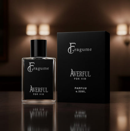 fragume Averful for Him perfume bottle and black gift box on a dark wooden table