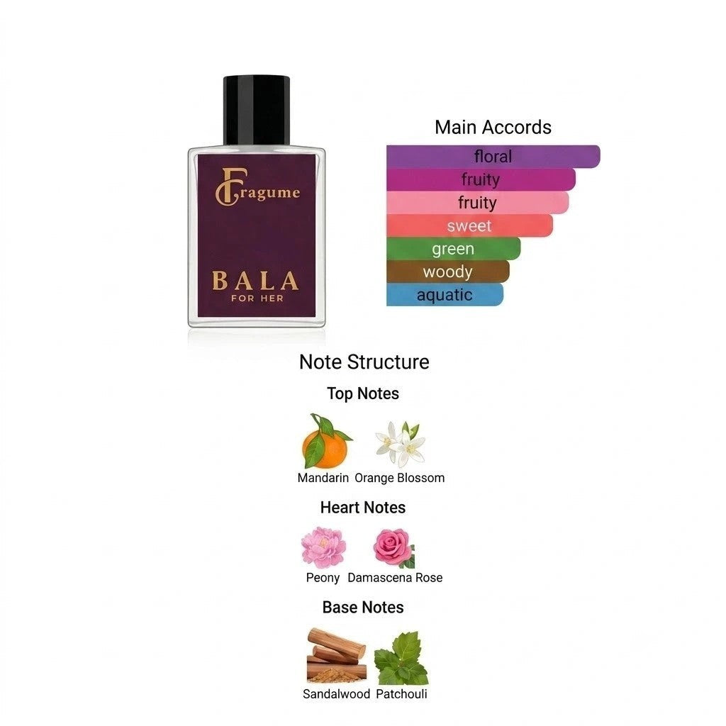 fragume Bala Eau De Parfum 50ml glass bottle with deep purple label and gold text, featuring floral fragrance notes.