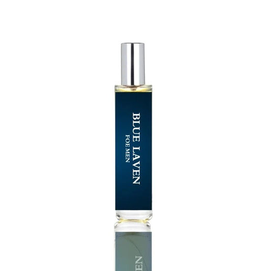 fragume Blue Laven Eau De Parfum for men in a sleek, travel-friendly glass spray bottle with a dark blue label.