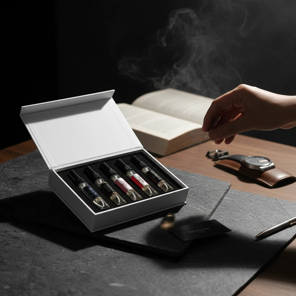 fragume Signature Fragrance Discovery Collection set featuring five glass vials in a white minimalist box on slate