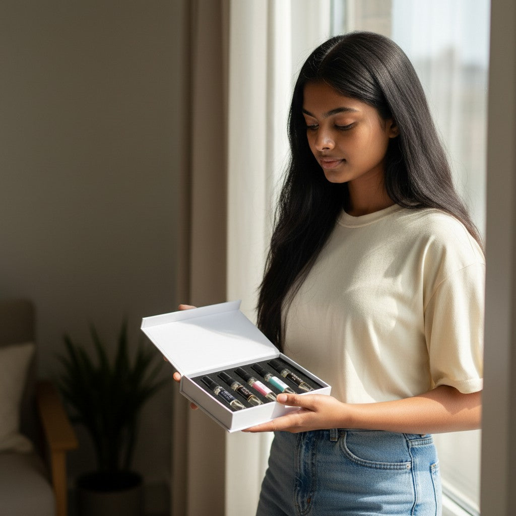 A woman holding a fragume tester box containing five 5ml fragrance sample vials near a bright window.