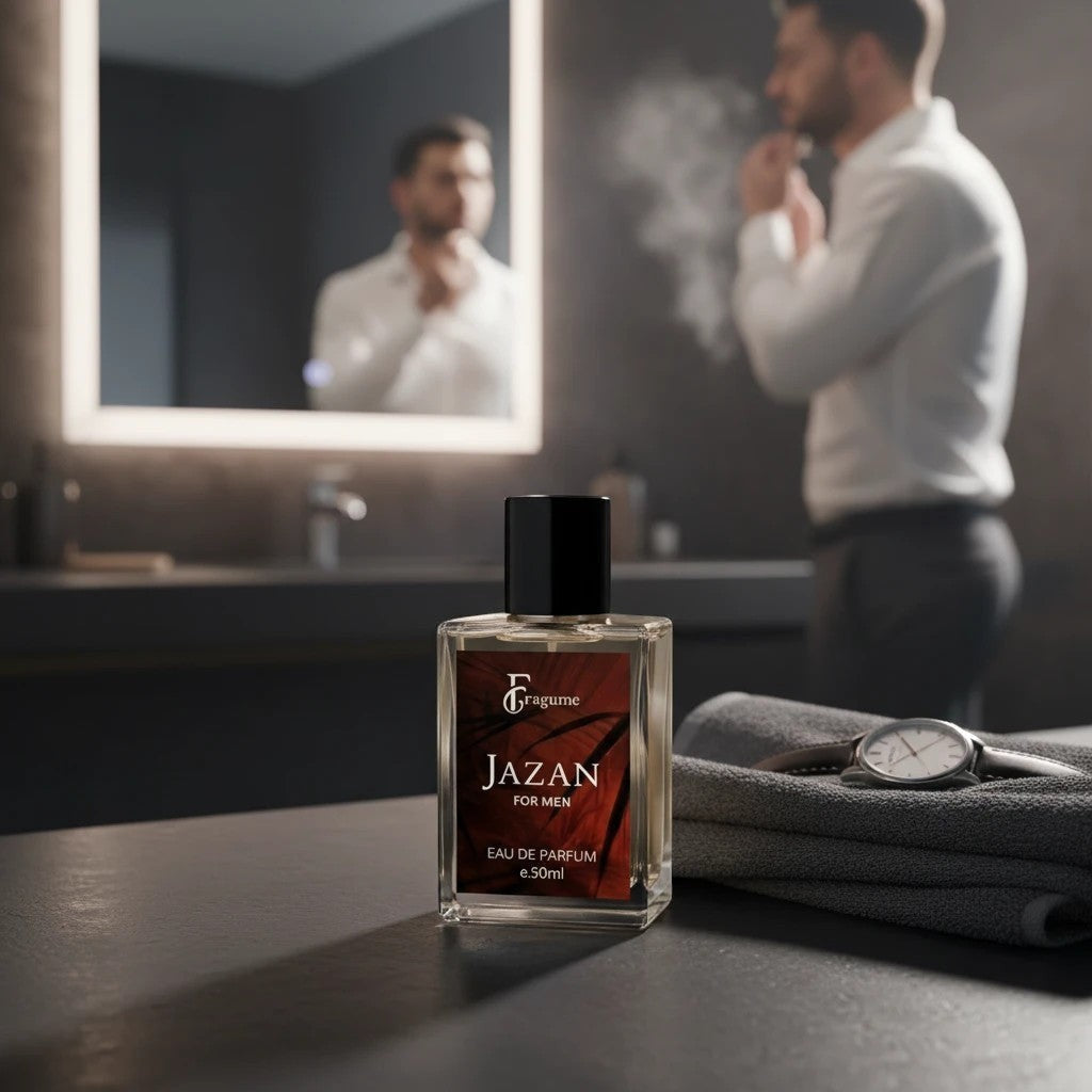 Fragume Jazan Eau De Parfum 50ml glass bottle on a bathroom counter with a man grooming in the background mirror.