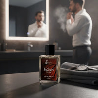 Fragume Jazan Eau De Parfum 50ml glass bottle on a bathroom counter with a man grooming in the background mirror.