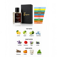 Fragume Jazan Eau De Parfum for men in a minimalist 50ml glass bottle with its black presentation box.