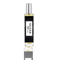 fragume Musab Oud fragrance spray in a sleek glass bottle with a black label and silver cap.