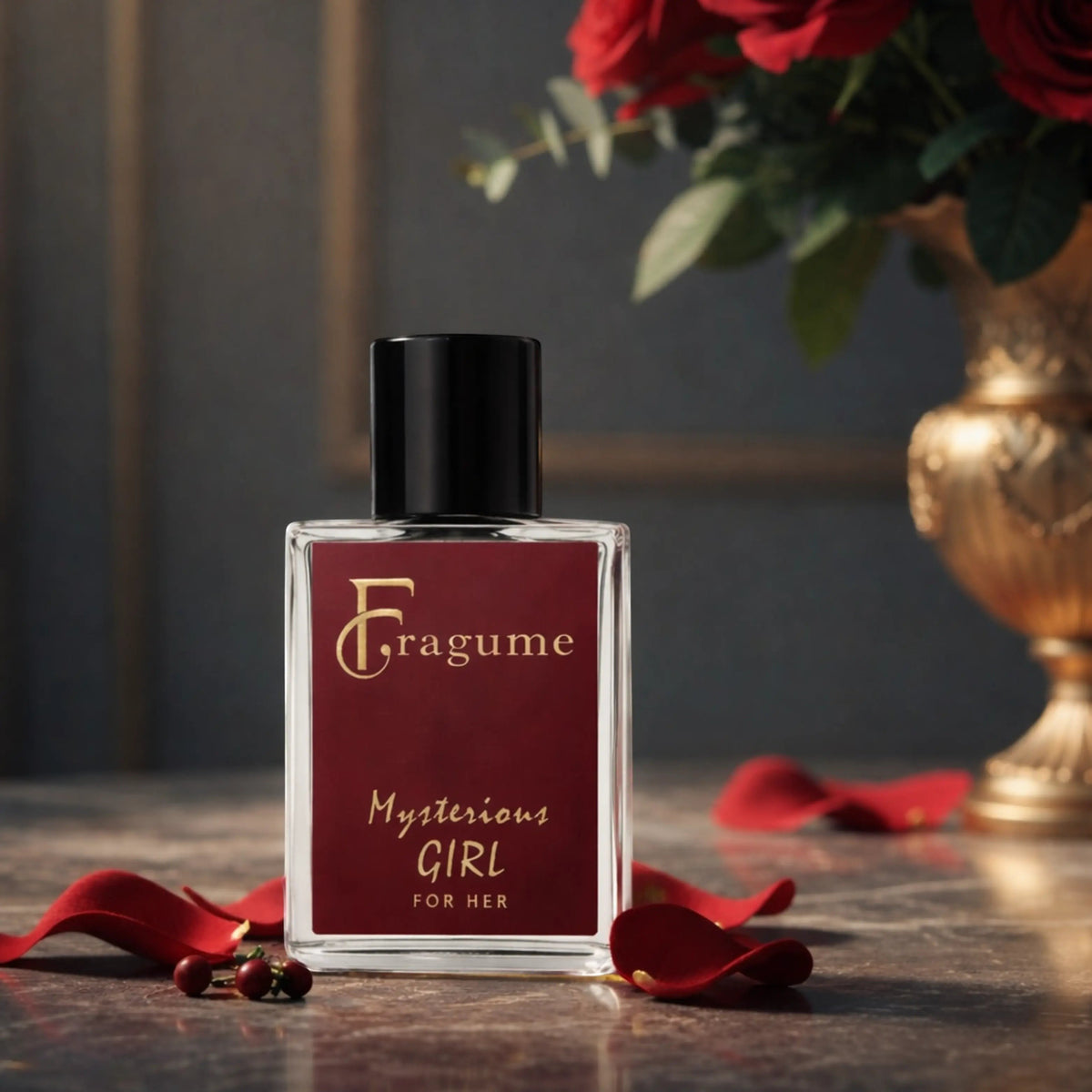 Fragume Mysterious Girl Parfum in a 50ml glass bottle with a deep burgundy label on a marble vanity with rose petals.
