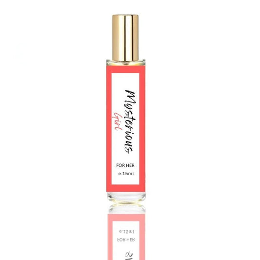 fragume Mysterous Girl 15ml fragrance spray for her in a glass bottle with a coral label and gold cap.
