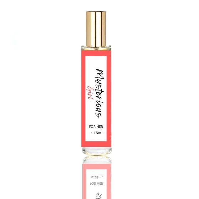 fragume Mysterous Girl 15ml fragrance spray for her in a glass bottle with a coral label and gold cap.