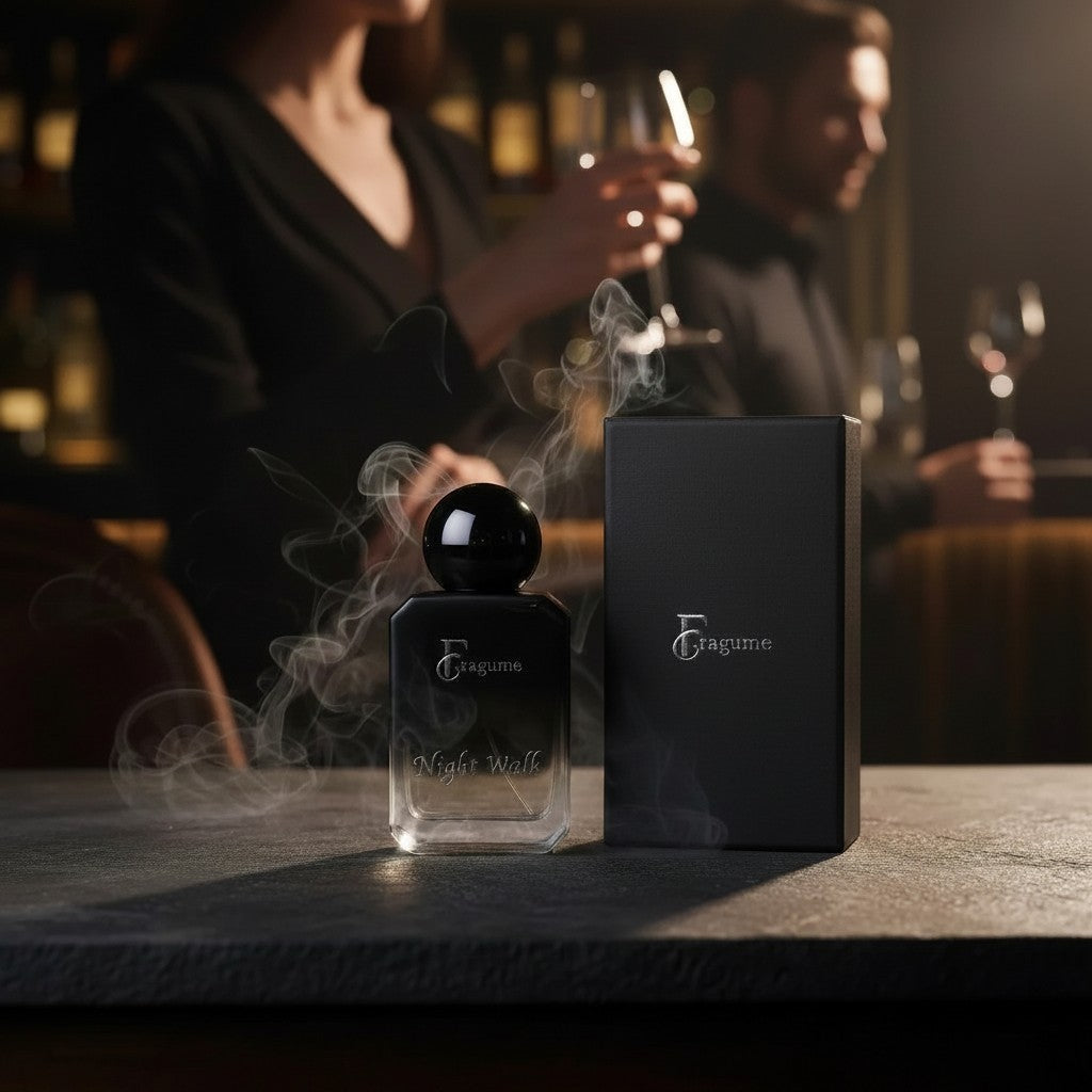 Fragume Night Walk Eau De Parfum in a sleek black gradient bottle with matching box on a bar counter at night.