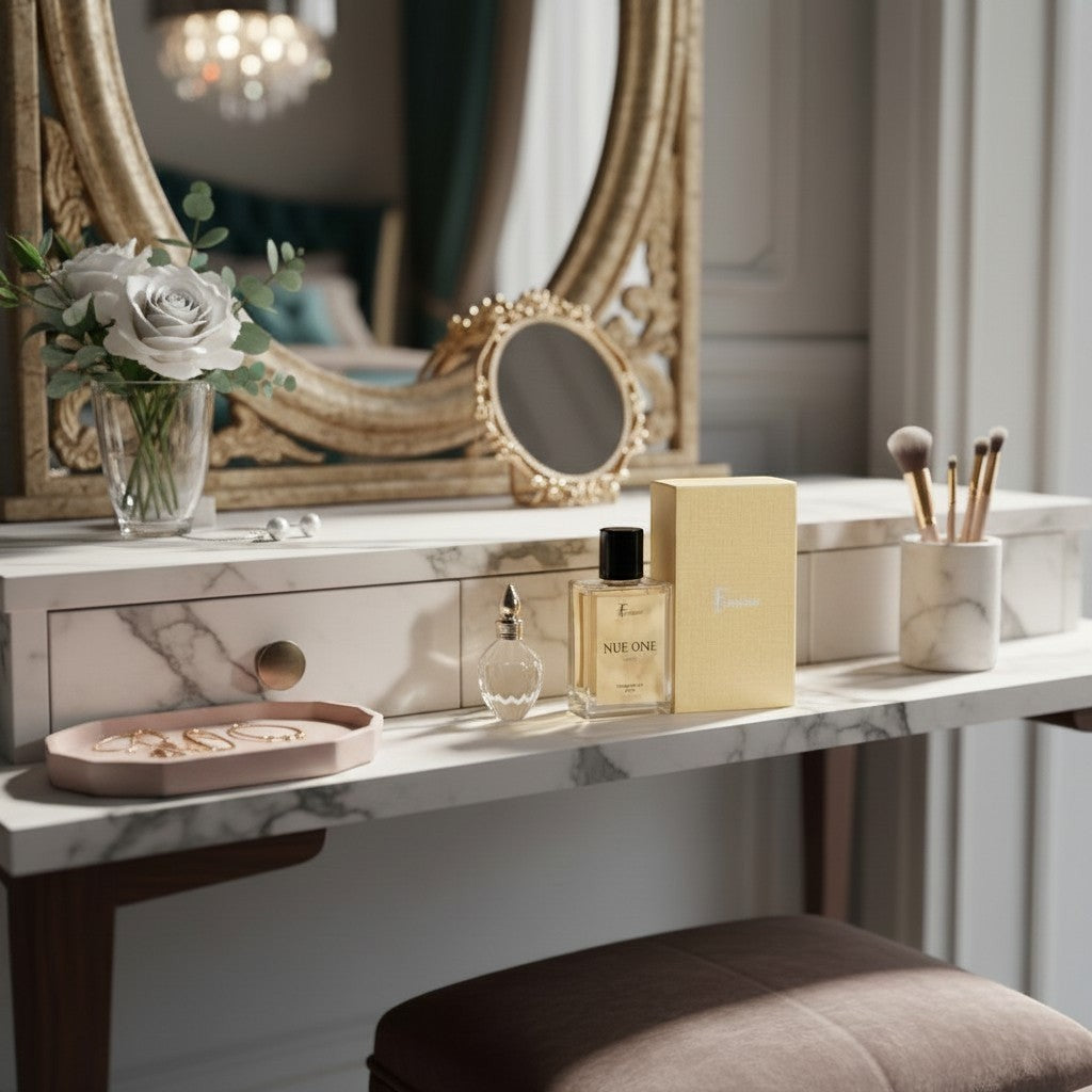 fragume Nue One unisex eau de parfum bottle and box on a marble vanity with flowers and makeup brushes