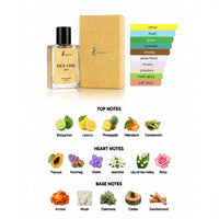 fragume Nue One unisex eau de parfum 50ml bottle with gold box and fragrance note breakdown of citrus and florals