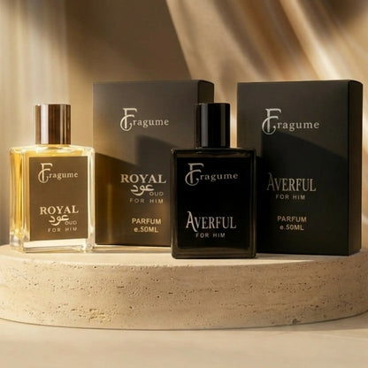 fragume PERFECT DUO fragrance set featuring Royal Oud and Averful perfumes in glass bottles with matching black boxes.
