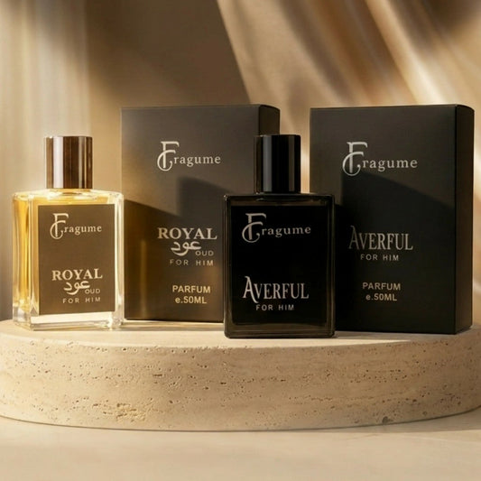 fragume PERFECT DUO fragrance set featuring Royal Oud and Averful perfumes in glass bottles with matching black boxes.