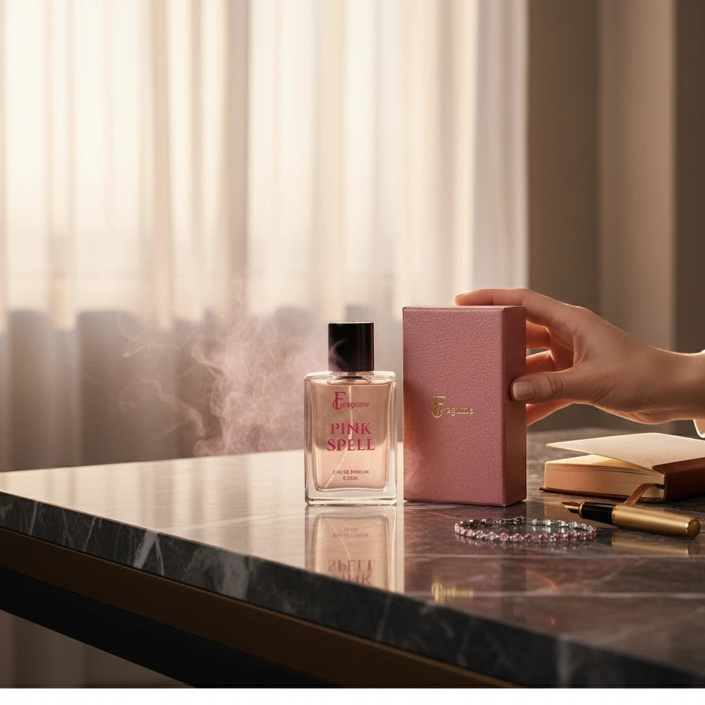 fragume Pink Spell Eau De Parfum in a glass bottle with its textured pink box on a marble table with a mist effect.