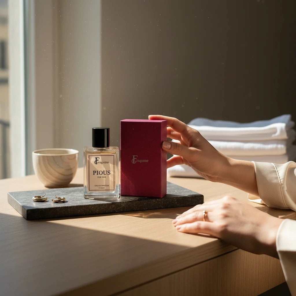 fragume Pious Eau De Parfum bottle and deep magenta box on a stone tray with a woman's hand nearby.