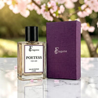 fragume Poetess Eau De Parfum in a glass bottle next to a textured purple gift box on a marble surface.