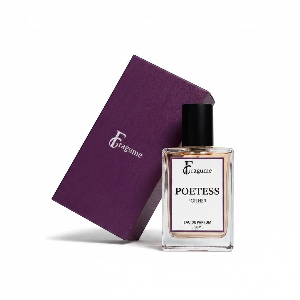 fragume Poetess Eau De Parfum in a glass bottle with a black cap, displayed next to a textured purple gift box.