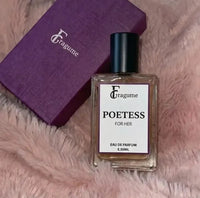 fragume Poetess Eau De Parfum in a glass bottle next to a textured purple gift box on a soft pink faux fur surface.