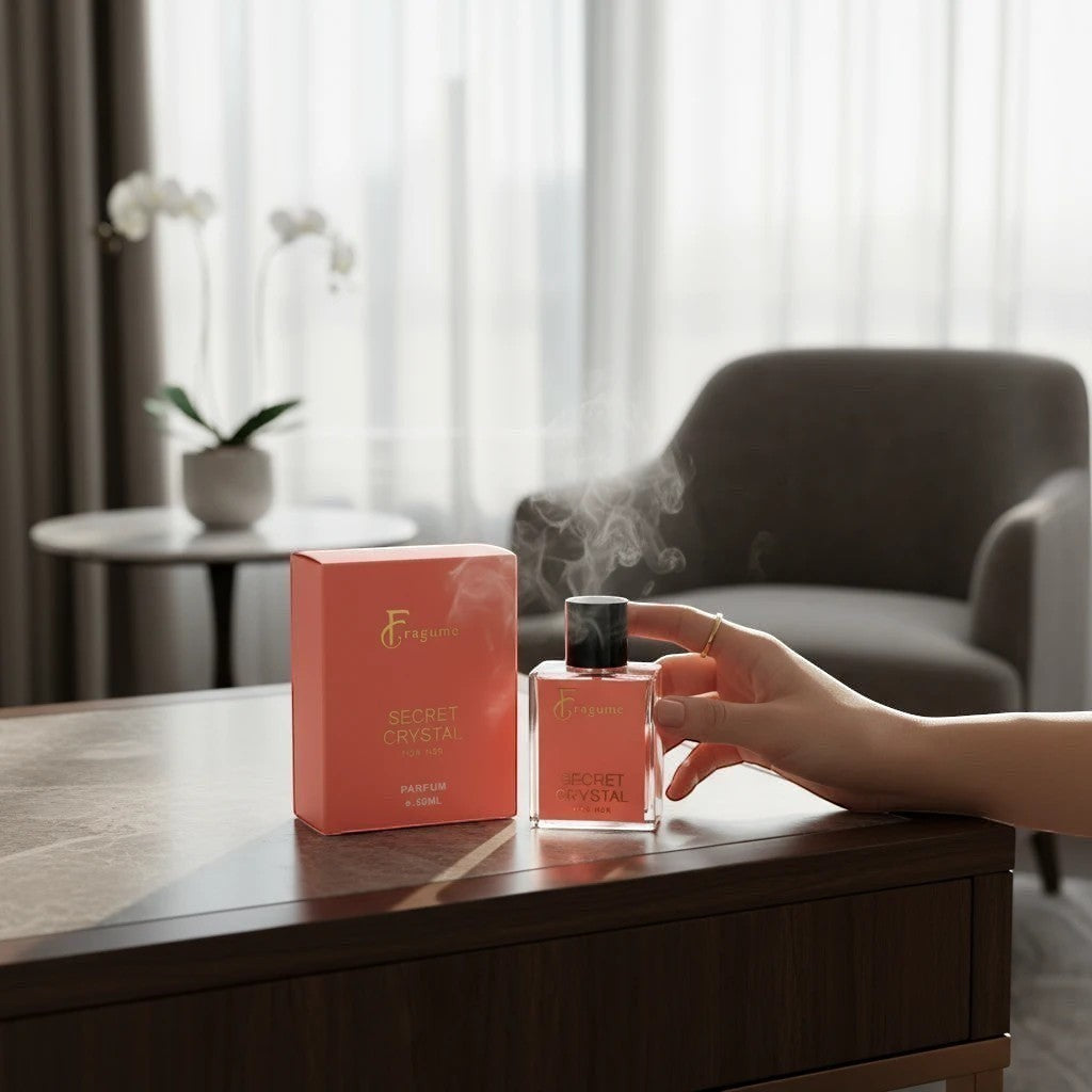 fragume Secret Crystal parfum in a coral glass bottle with matching box on a table with a hand spraying the scent