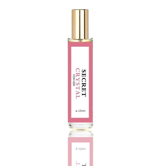 fragume Secret Crystal For Her 15ml perfume spray in a clear glass bottle with a pink label and gold cap.