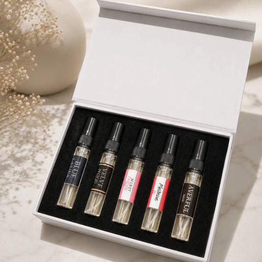 fragume Signature Fragrance Discovery Collection featuring five assorted perfume vials in a minimalist white gift box.