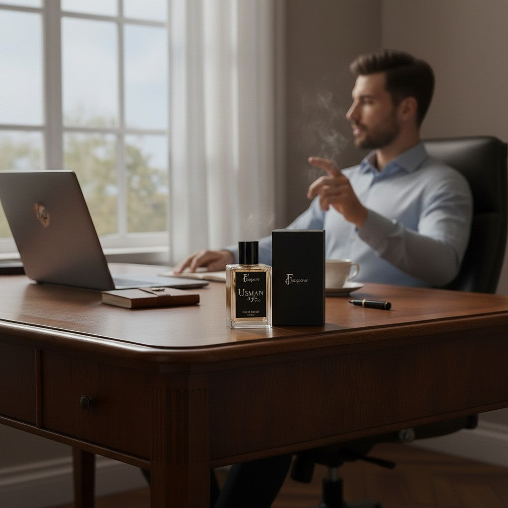 Fragume Usman Oud Eau De Parfum bottle on a wooden desk with a man working in the background