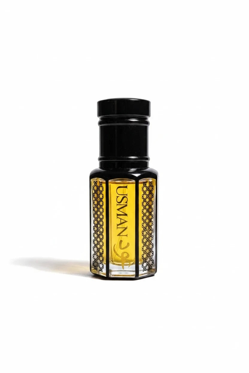 fragume USMAN concentrated oud perfume oil in a hexagonal glass bottle with black geometric detailing